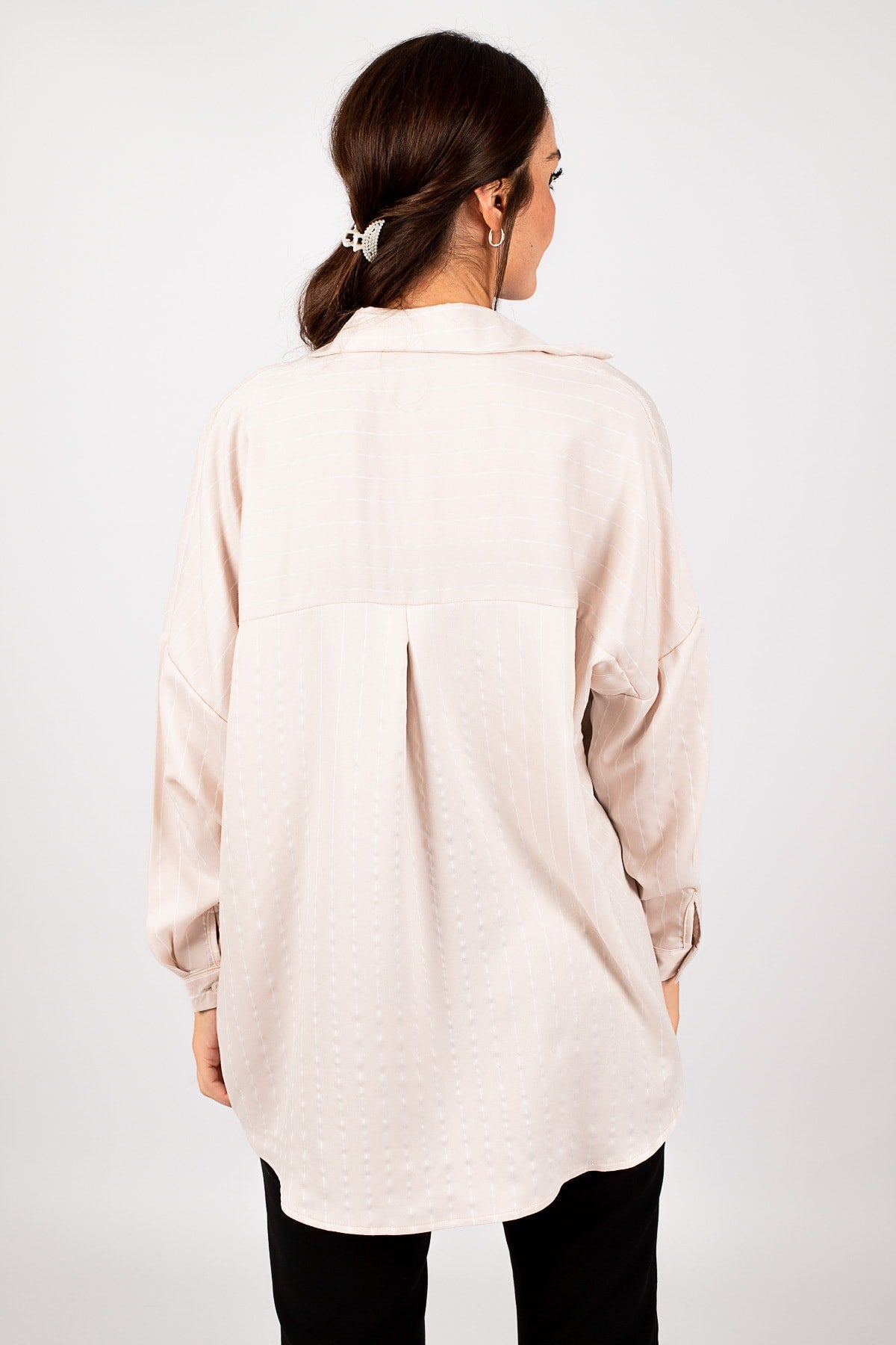 Women's Cream Striped Oversize Long Basic Shirt ARM-2211129
