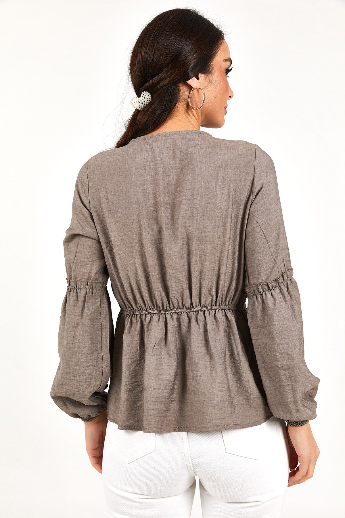 Women's Gray arm and waist tire cruve blouse ARM-21K001149