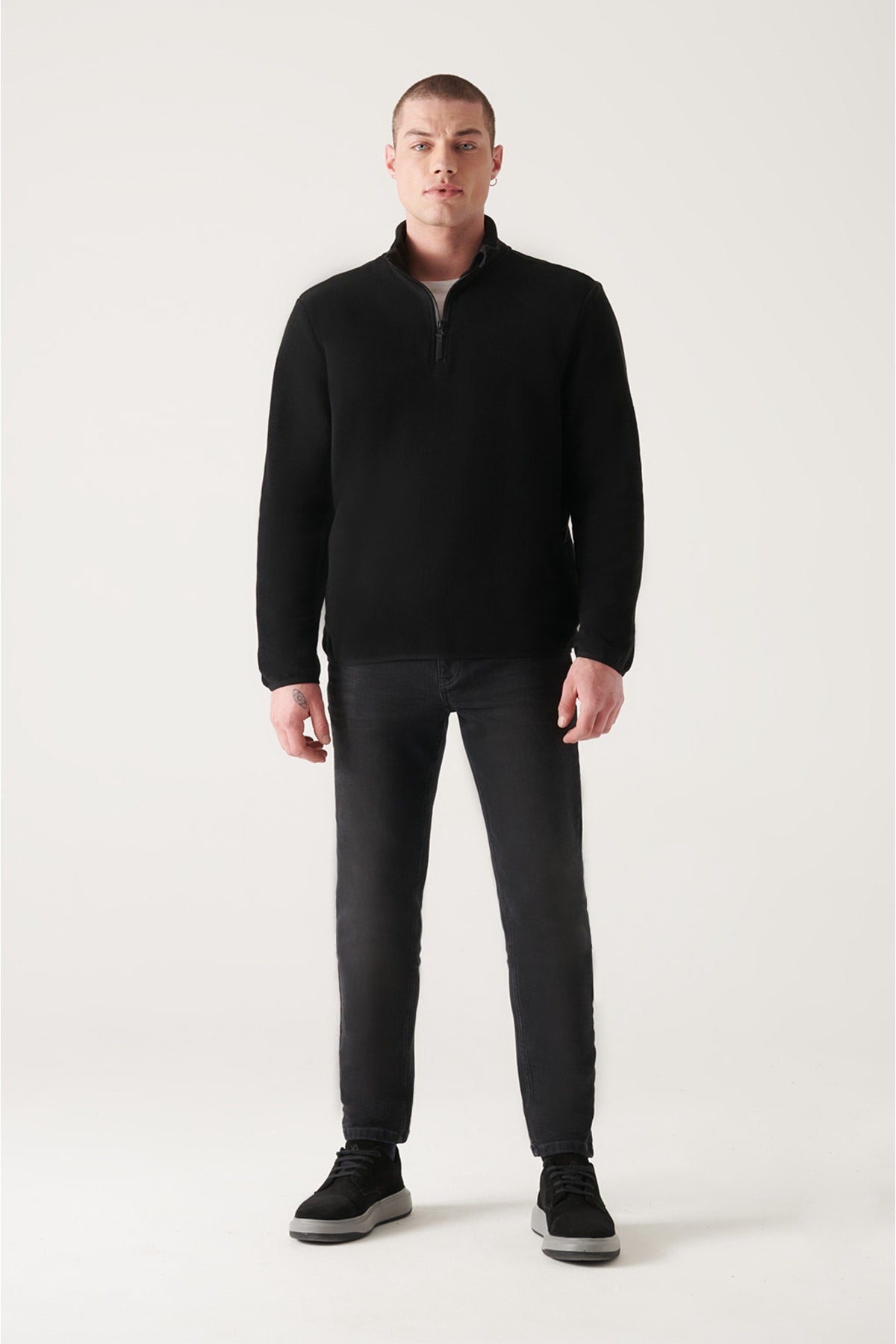 Black Içi and Outside Polar cold -proof half -zipper vertical collar regular fit polar sweatshirt