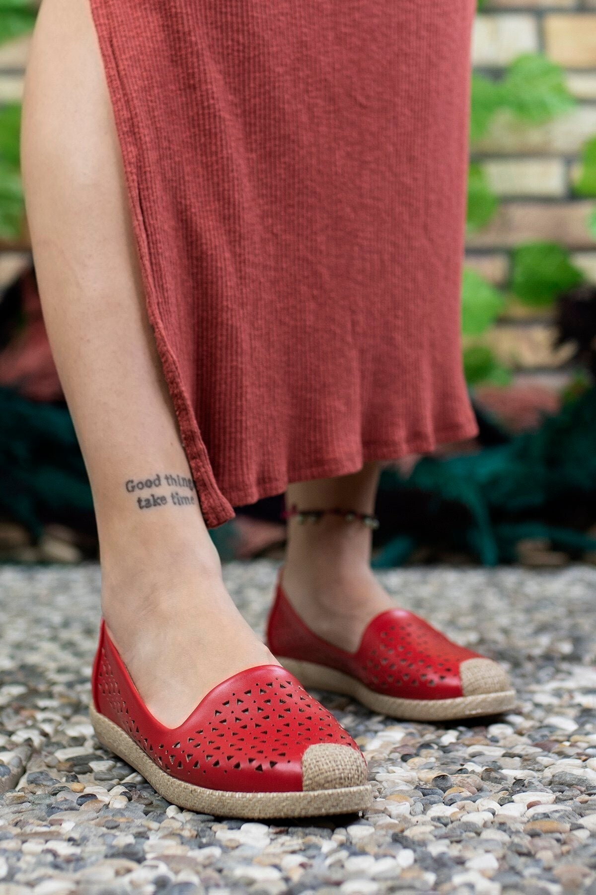 Woman Red Wicker Detail Daily Shoes